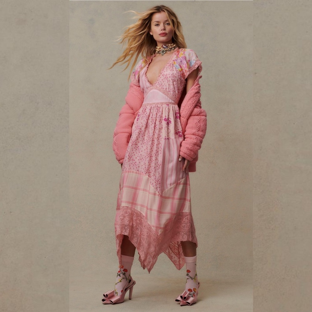 Love Shack & Fancy   Tula Silk Midi Dress Pink Sand Desert Print Mix